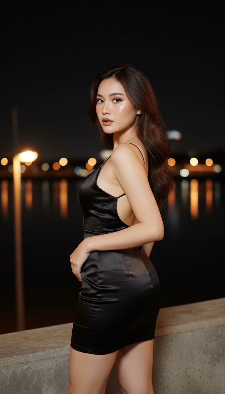 Anggun dalam Gaun Hitam di Malam Hari