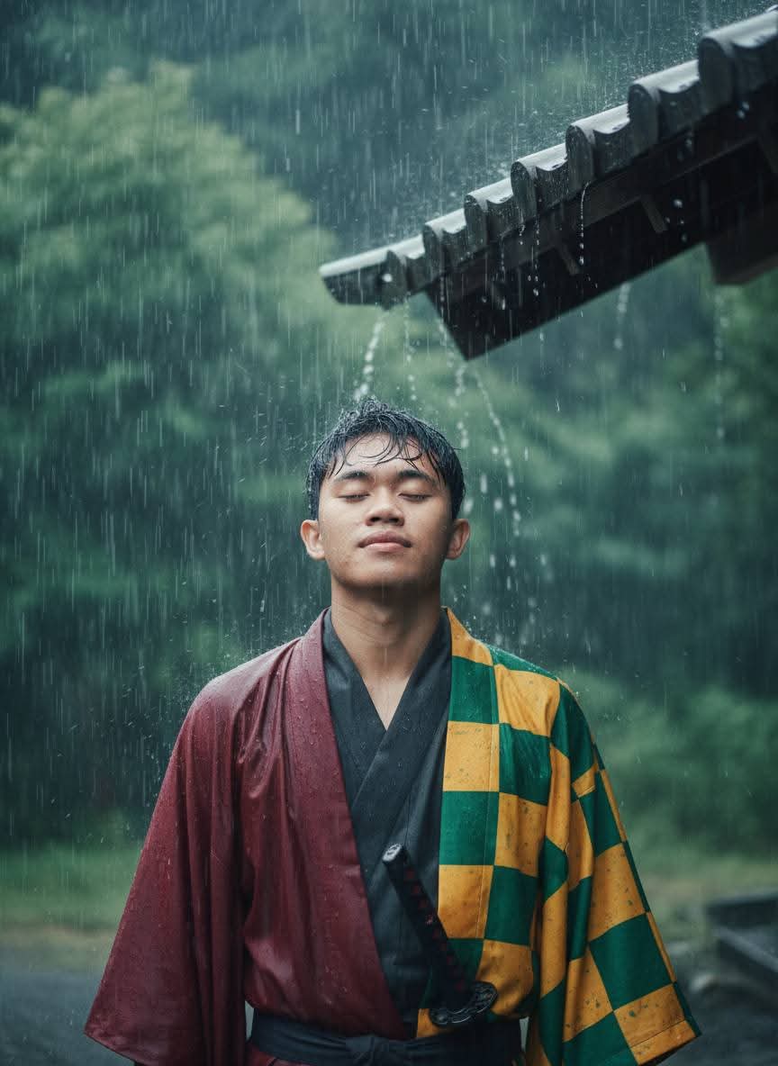 Pemuda dibawah tetesan hujan