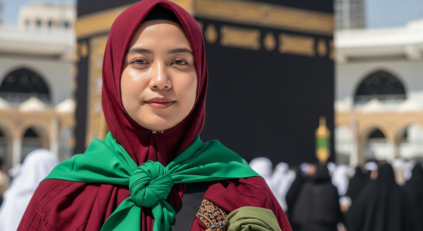 Foto Close up Seorang Wanita Muslim Indonesia Jamaah Umroh Maqbulah berdiri di Depan Ka'bah