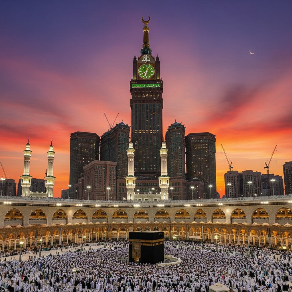 Pemandangan Ka'bah dan Kompleks Abraj Al-Bait Saat Matahari Terbenam